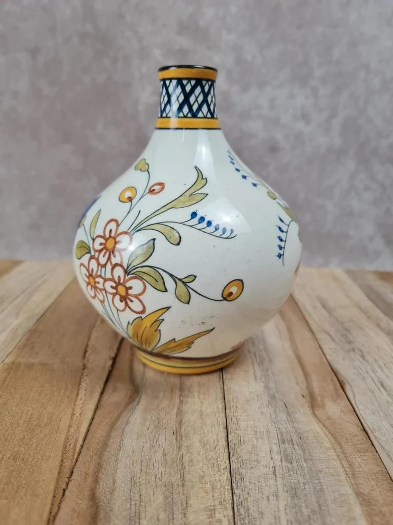 Jarrón antiguo de loza decorada a mano – decoración floral y pájaro – photo 3